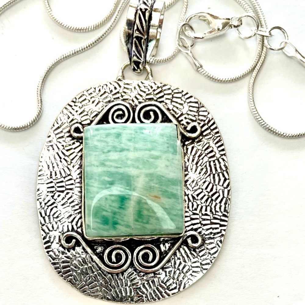 Pale Green Amazonite Gemstone Necklace Pendant Tribal
